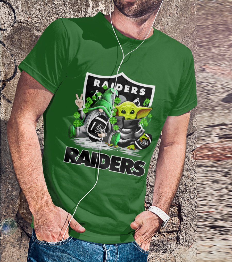 Raiders St. Patrick’s Day Football Gnome And Baby Alien With Clover Footballs T-Shirt