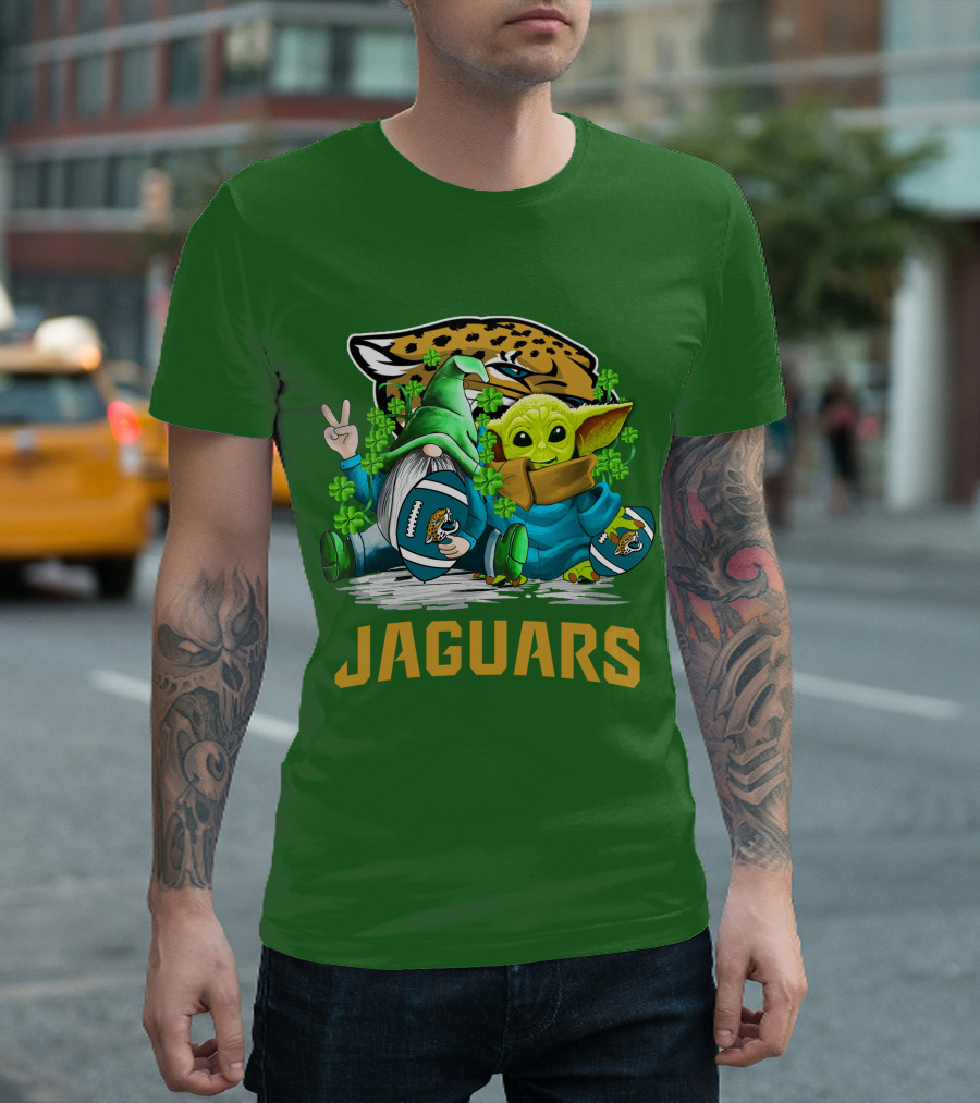 Jacksonville Jaguars St. Patrick's Day Gnome and Baby Alien Football with Shamrocks T-Shirt