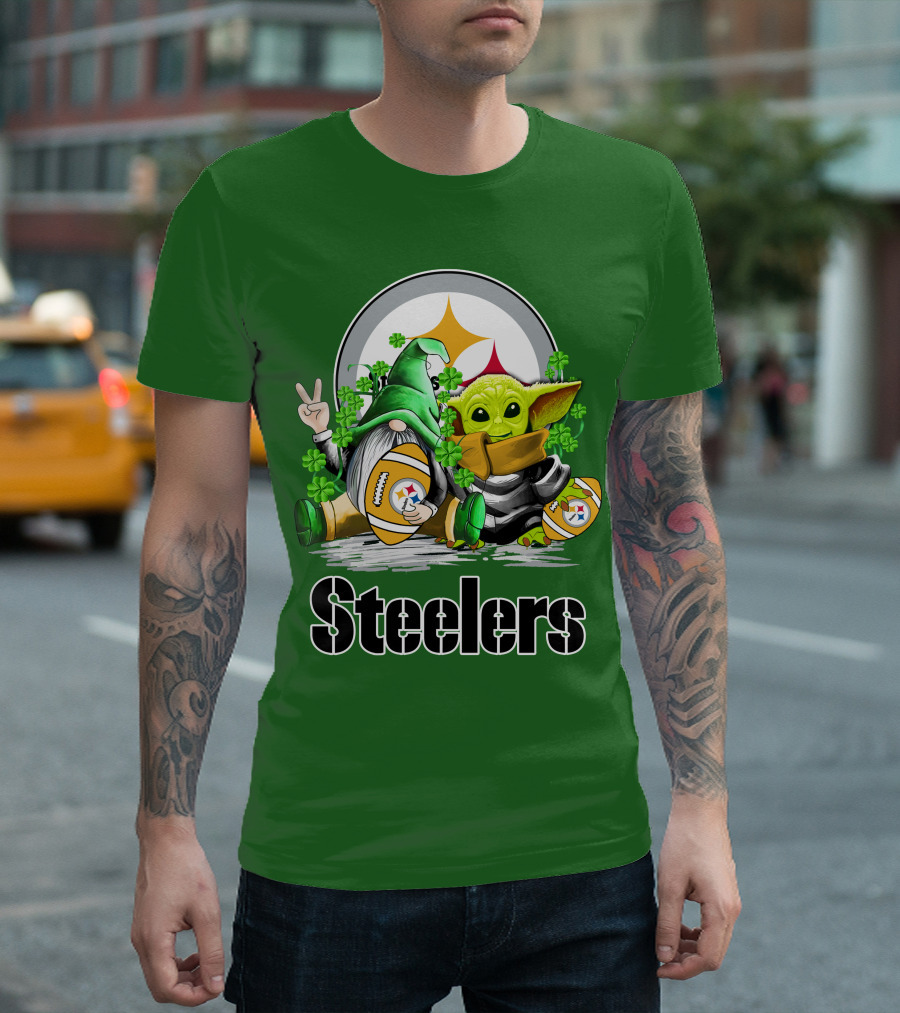 Steelers St. Patrick's Day Football Gnome and Baby Yoda with Shamrocks T-Shirt