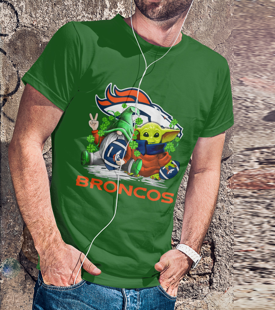 Denver Broncos Football St. Patrick’s Day Gnome And Green Alien With Shamrocks T-Shirt