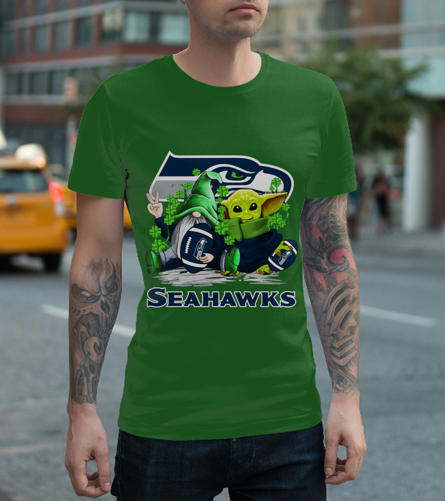Seattle Seahawks St. Patrick's Day Gnome And Baby Yoda Football T-Shirt