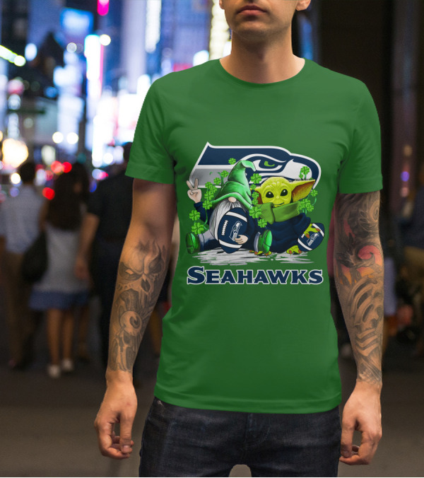 Seattle Seahawks St. Patrick's Day Gnome And Baby Yoda Football T-Shirt