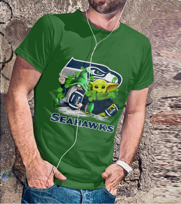 Seattle Seahawks St. Patrick's Day Gnome And Baby Yoda Football T-Shirt