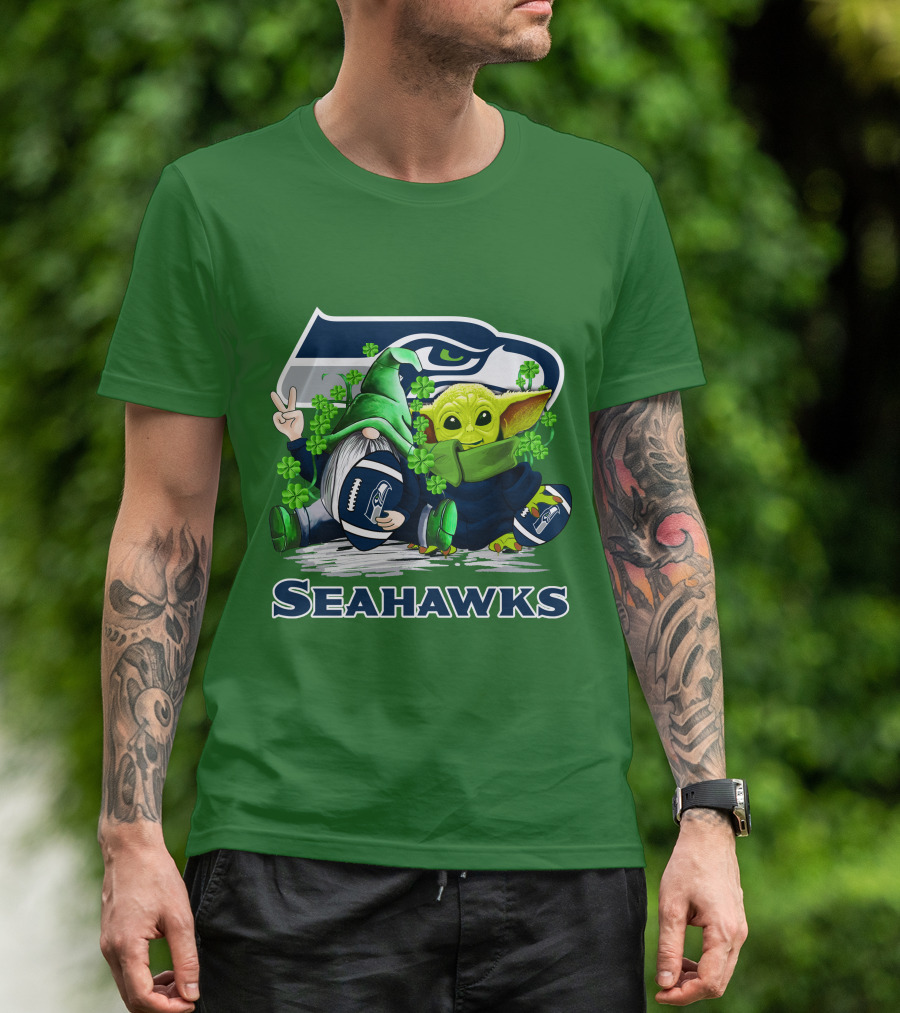 Seattle Seahawks St. Patrick's Day Gnome And Baby Yoda Football T-Shirt