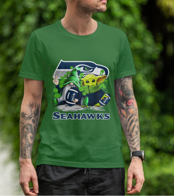 Seattle Seahawks St. Patrick's Day Gnome And Baby Yoda Football T-Shirt