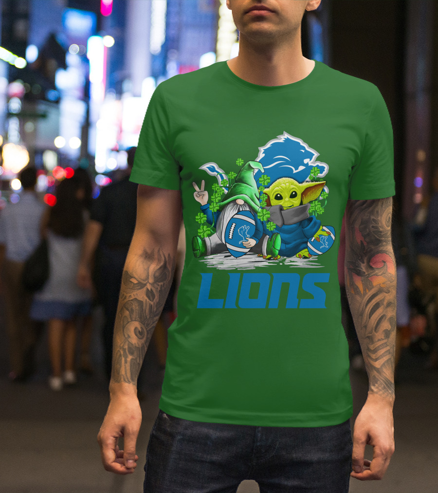 Detroit Lions St. Patrick's Day Gnome And Yoda Football T-Shirt