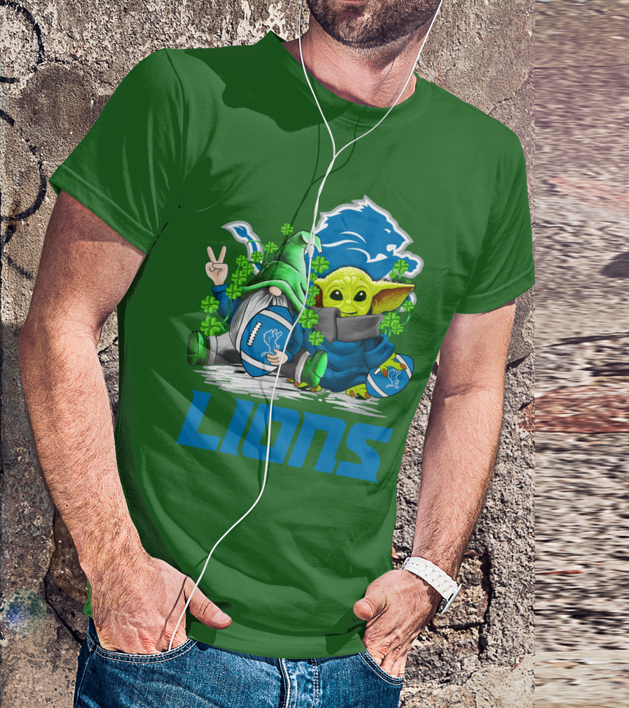 Detroit Lions St. Patrick's Day Gnome And Yoda Football T-Shirt