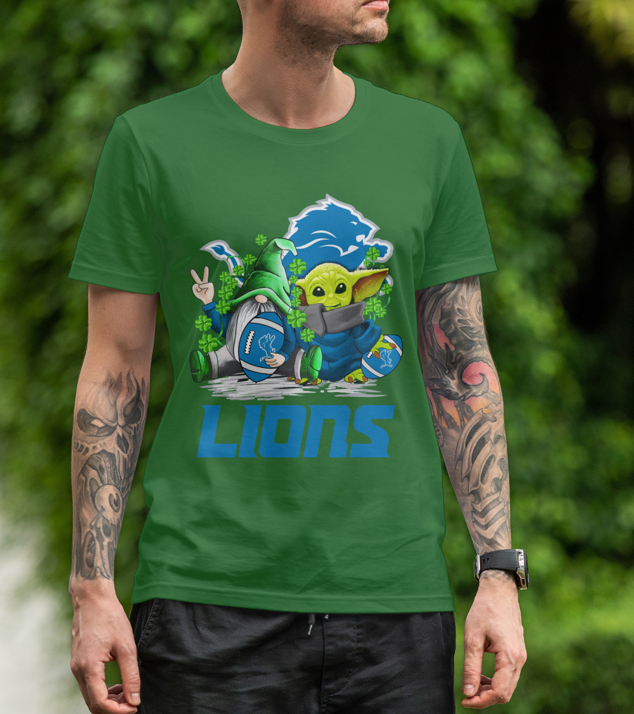 Detroit Lions St. Patrick's Day Gnome And Yoda Football T-Shirt
