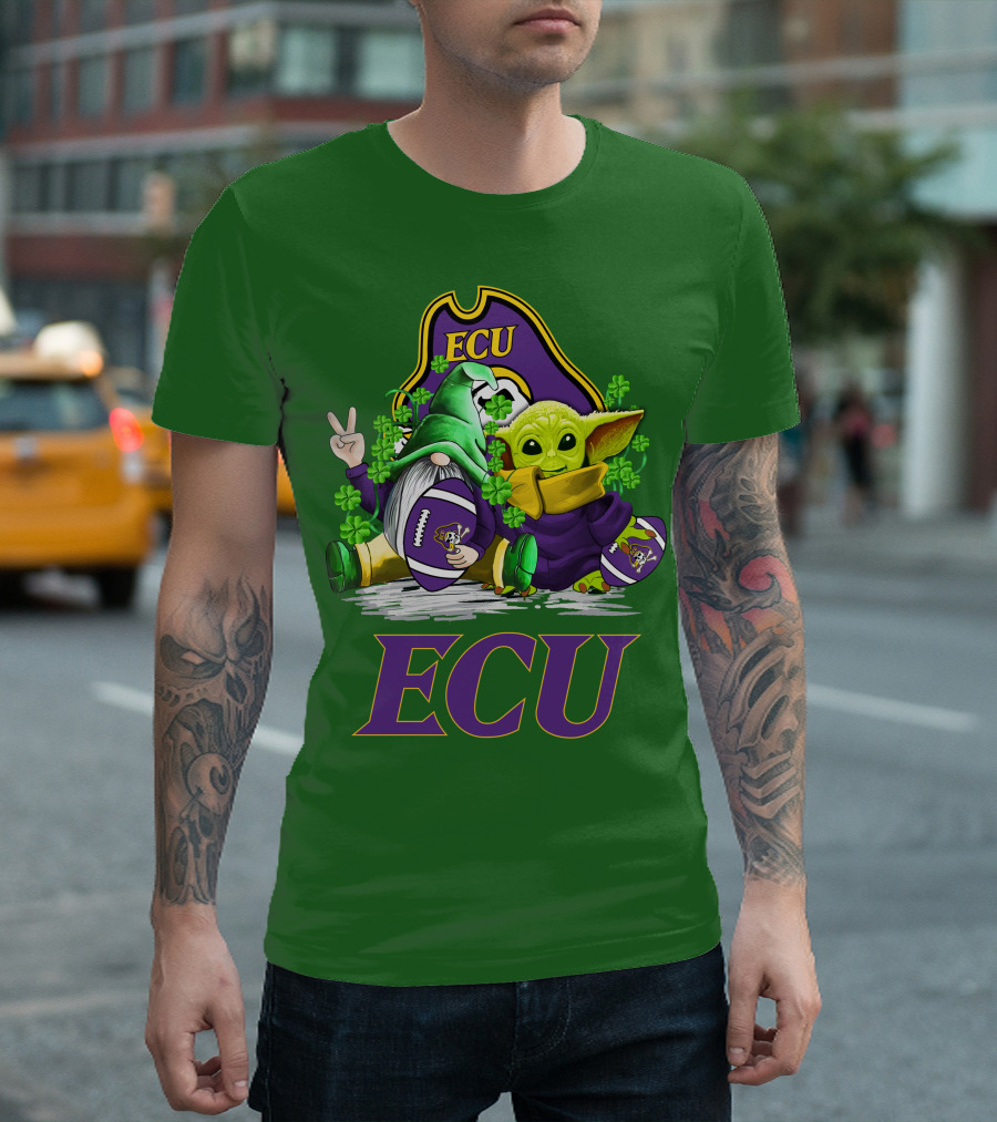 ECU East Carolina Pirates Football St. Patrick's Day Celebration with Gnome and Baby Alien T-Shirt
