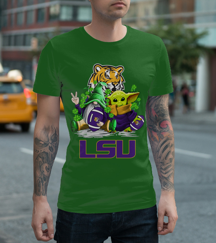 LSU Tigers Football St. Patrick's Day Gnome and Baby Alien with Shamrocks T-Shirt