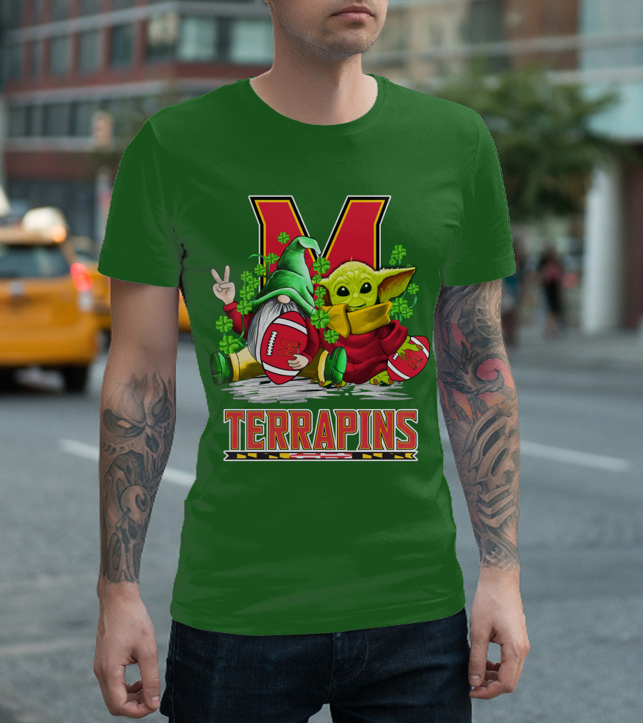 Maryland Terrapins Football St. Patrick's Day Gnome And Baby Yoda T-Shirt