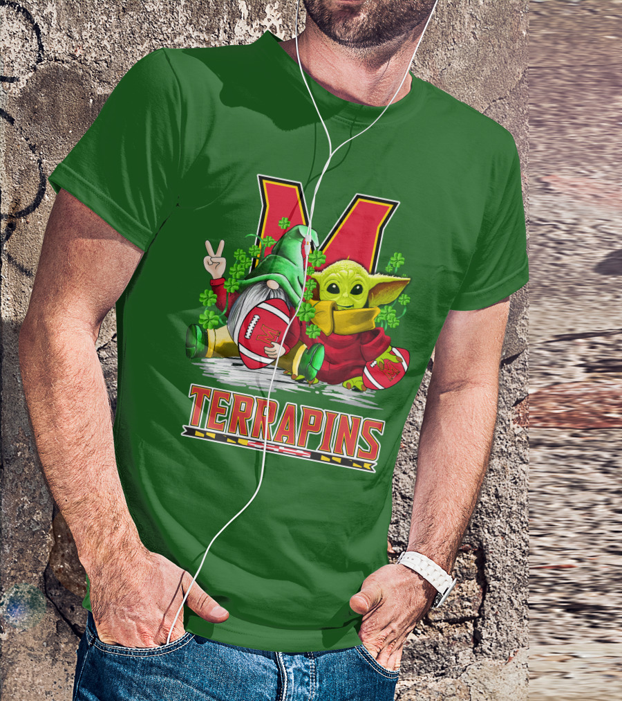 Maryland Terrapins Football St. Patrick's Day Gnome And Baby Yoda T-Shirt