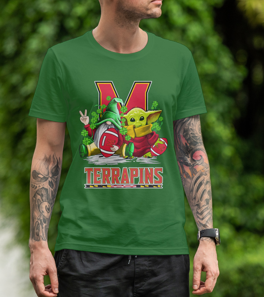 Maryland Terrapins Football St. Patrick's Day Gnome And Baby Yoda T-Shirt