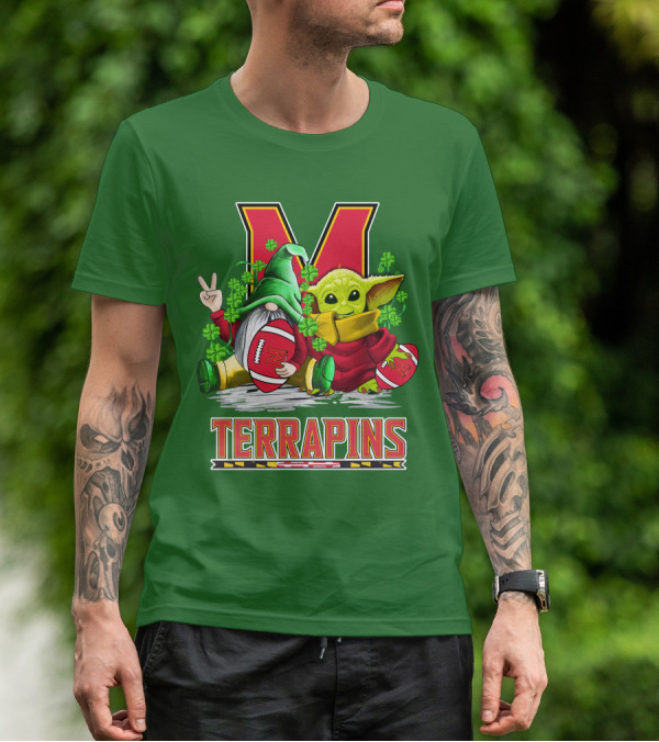Maryland Terrapins Football St. Patrick's Day Gnome And Baby Yoda T-Shirt