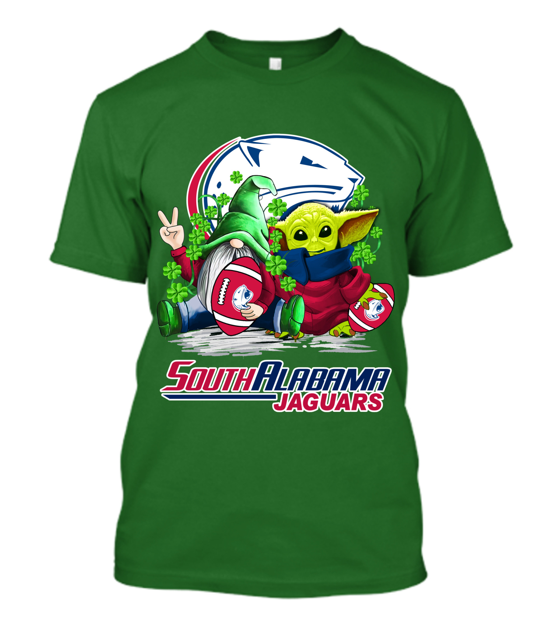 South Alabama Jaguars Football St. Patrick's Day Gnome And Baby Alien With Shamrocks T-Shirt