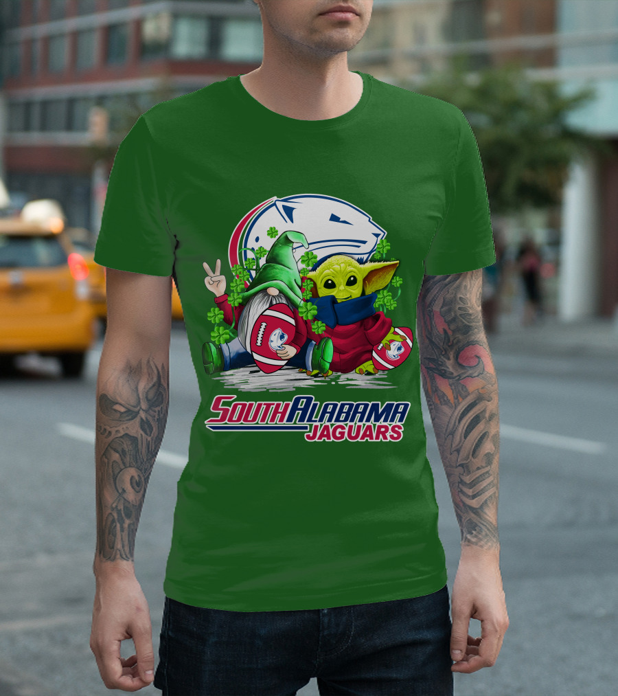 South Alabama Jaguars Football St. Patrick's Day Gnome And Baby Alien With Shamrocks T-Shirt