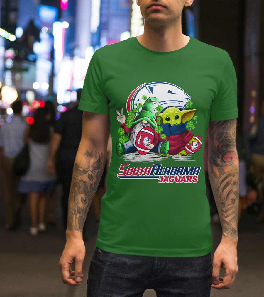 South Alabama Jaguars Football St. Patrick's Day Gnome And Baby Alien With Shamrocks T-Shirt