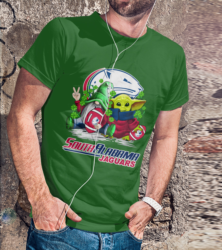 South Alabama Jaguars Football St. Patrick's Day Gnome And Baby Alien With Shamrocks T-Shirt