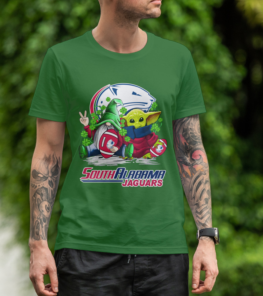 South Alabama Jaguars Football St. Patrick's Day Gnome And Baby Alien With Shamrocks T-Shirt