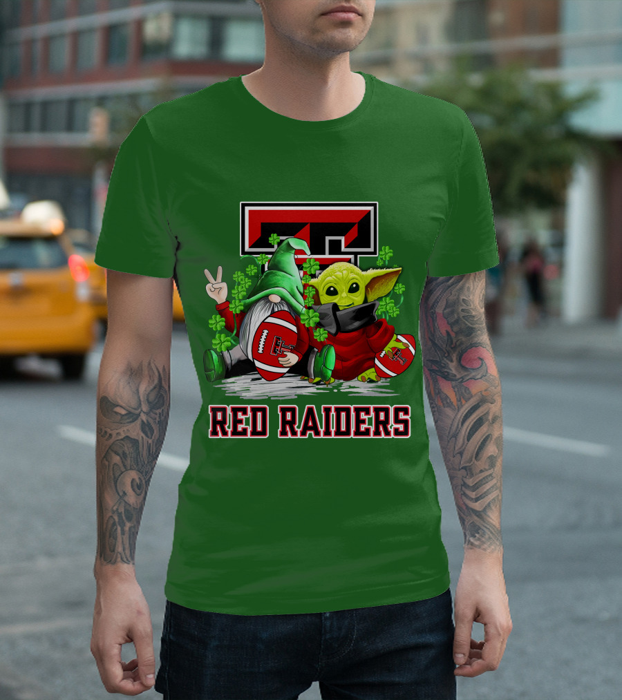 Texas Tech Red Raiders St. Patrick’s Day Football Gnome and Baby Alien with Shamrocks T-Shirt