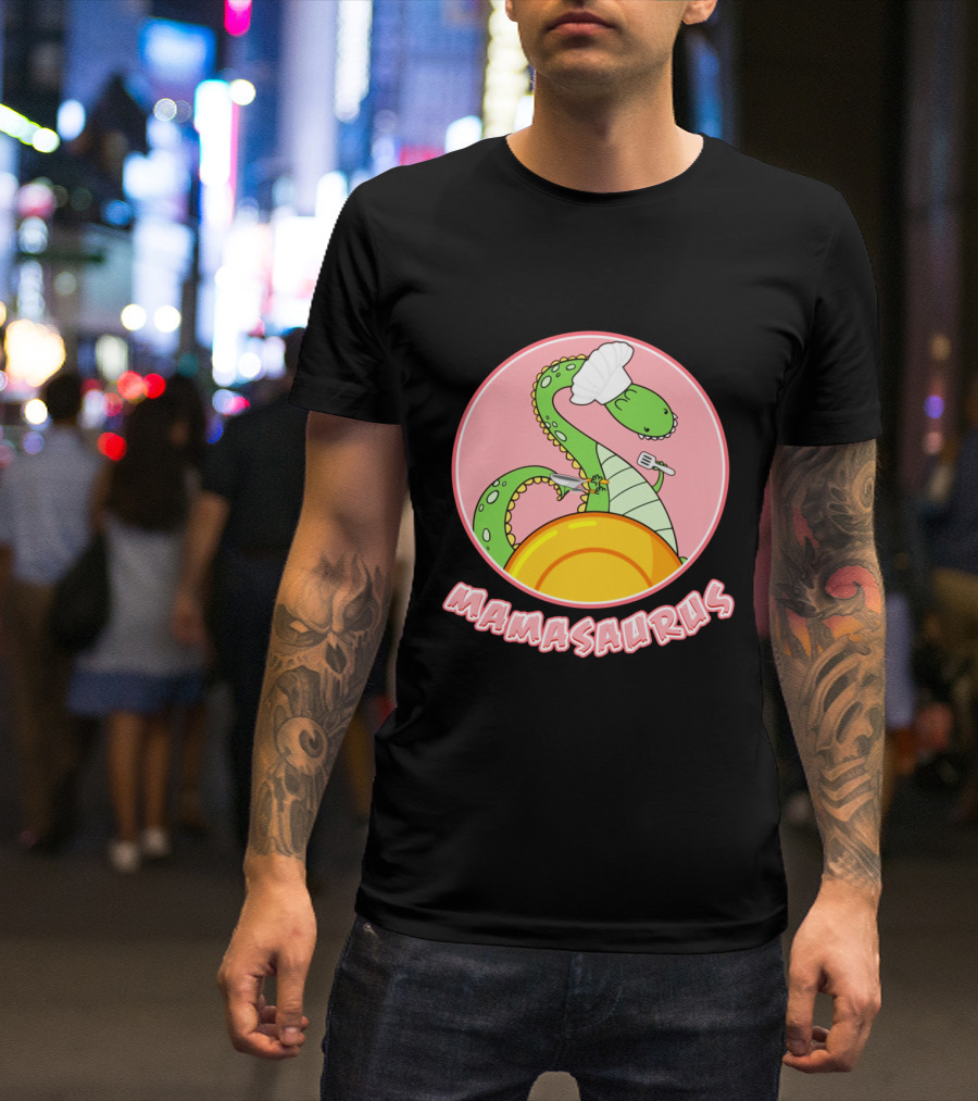 Mamasaurus Dinosaur Chef Cooking With Pink Background T-Shirt