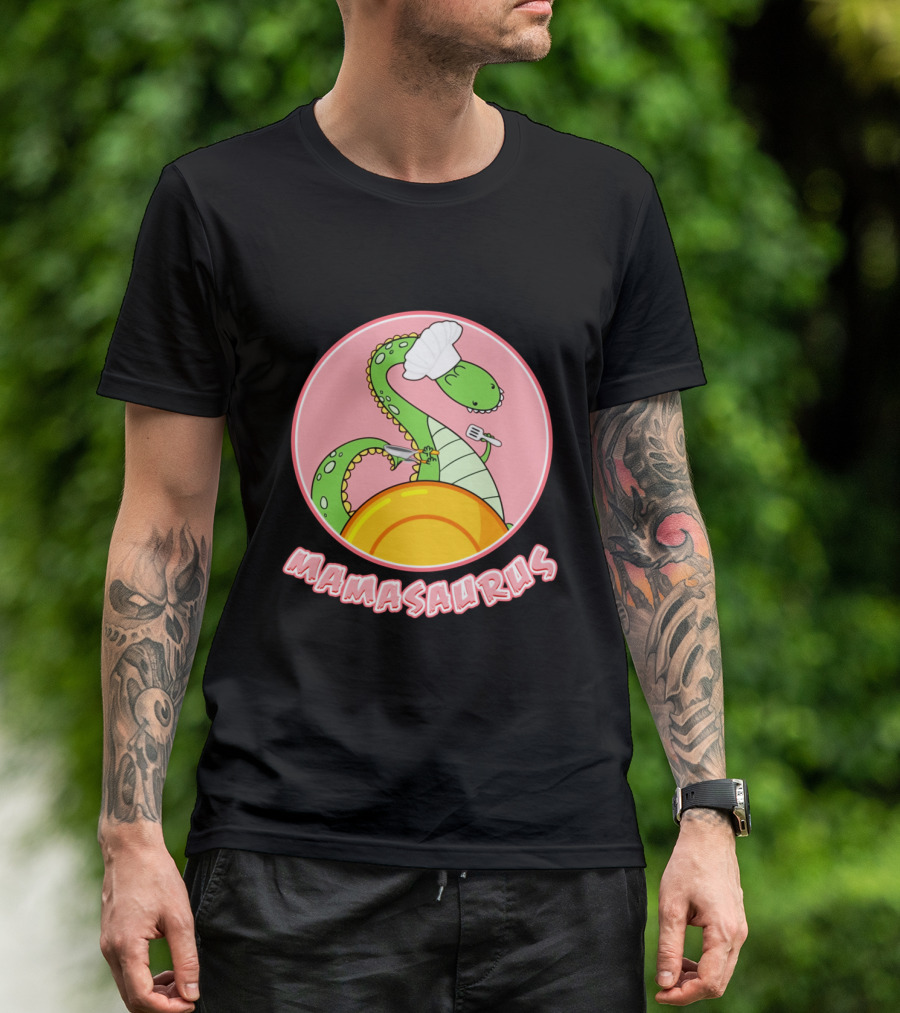 Mamasaurus Dinosaur Chef Cooking With Pink Background T-Shirt
