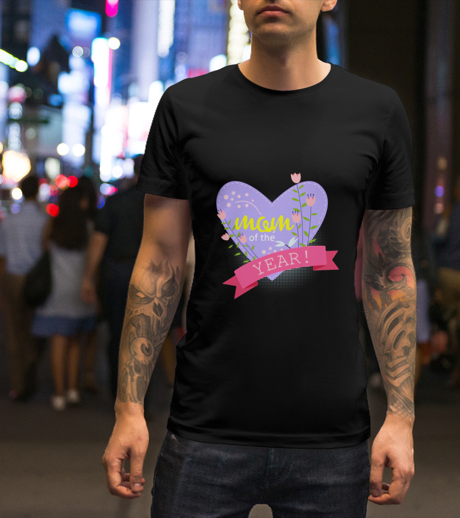 Mom Of The Year Lavender Heart With Pink Tulip Flowers T-Shirt