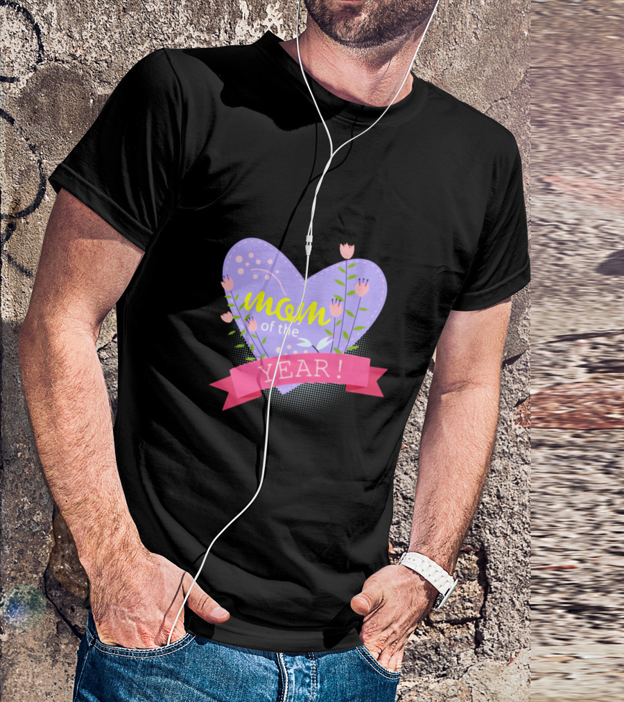 Mom Of The Year Lavender Heart With Pink Tulip Flowers T-Shirt