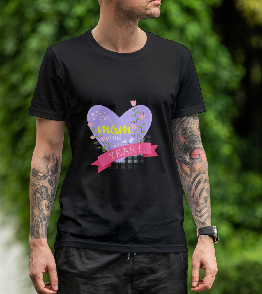 Mom Of The Year Lavender Heart With Pink Tulip Flowers T-Shirt