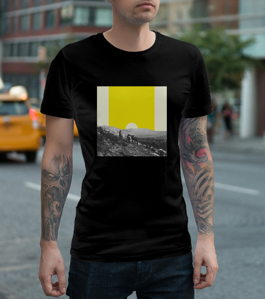 Lazy Sunday Afternoon Pastoral Scene with Herd and Sunset Yellow Sky T-Shirt