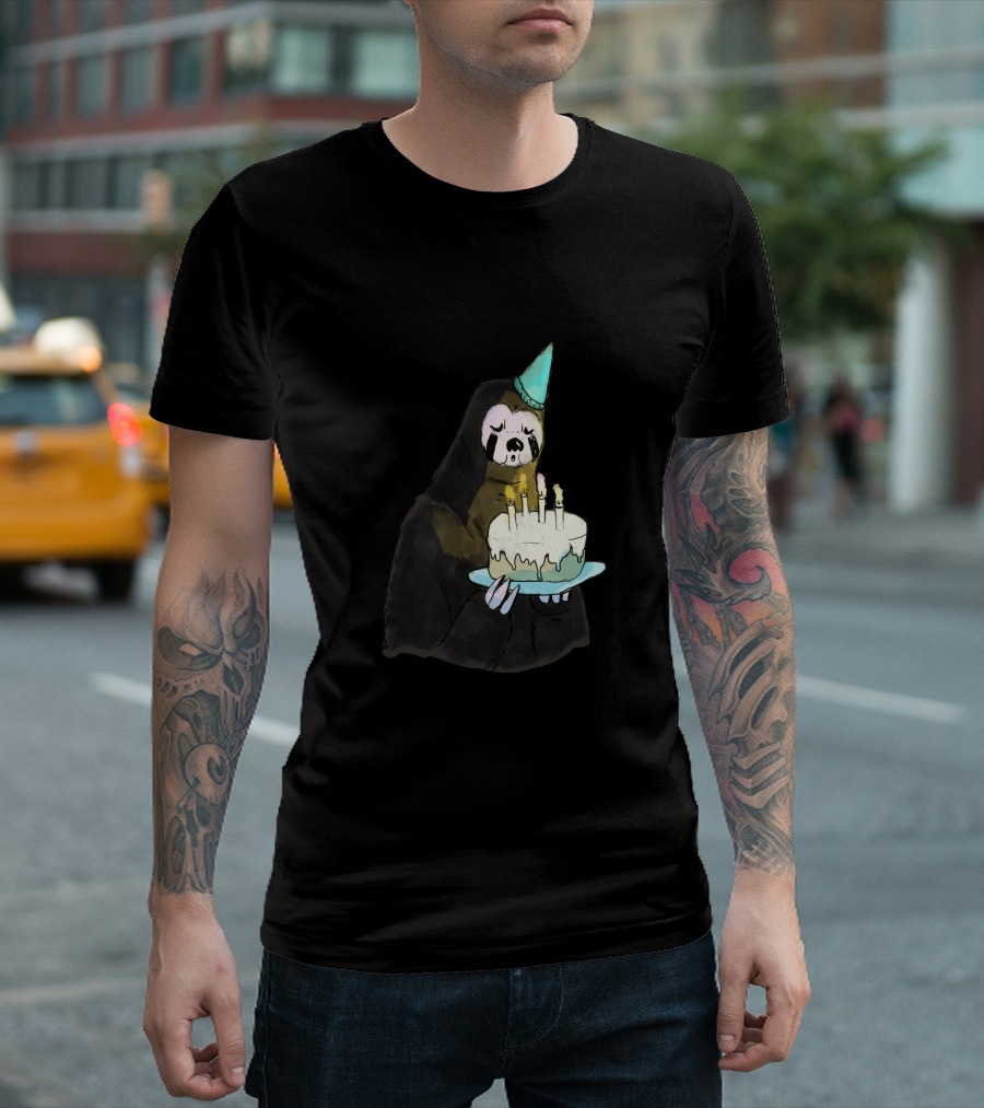 Sloth with Party Hat Holding Birthday Cake T-Shirt