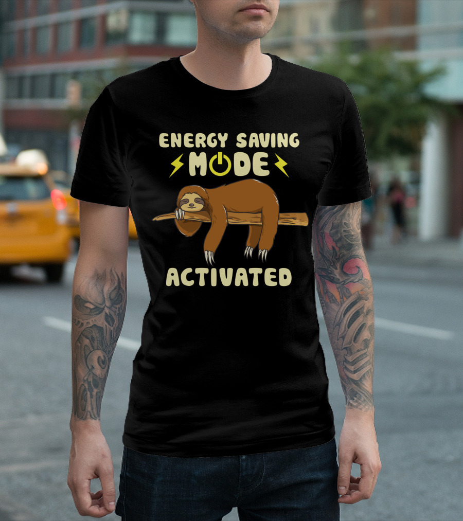 Energy Saving Mode Activated Sloth With Power Button And Lightning Bolts T-Shirt