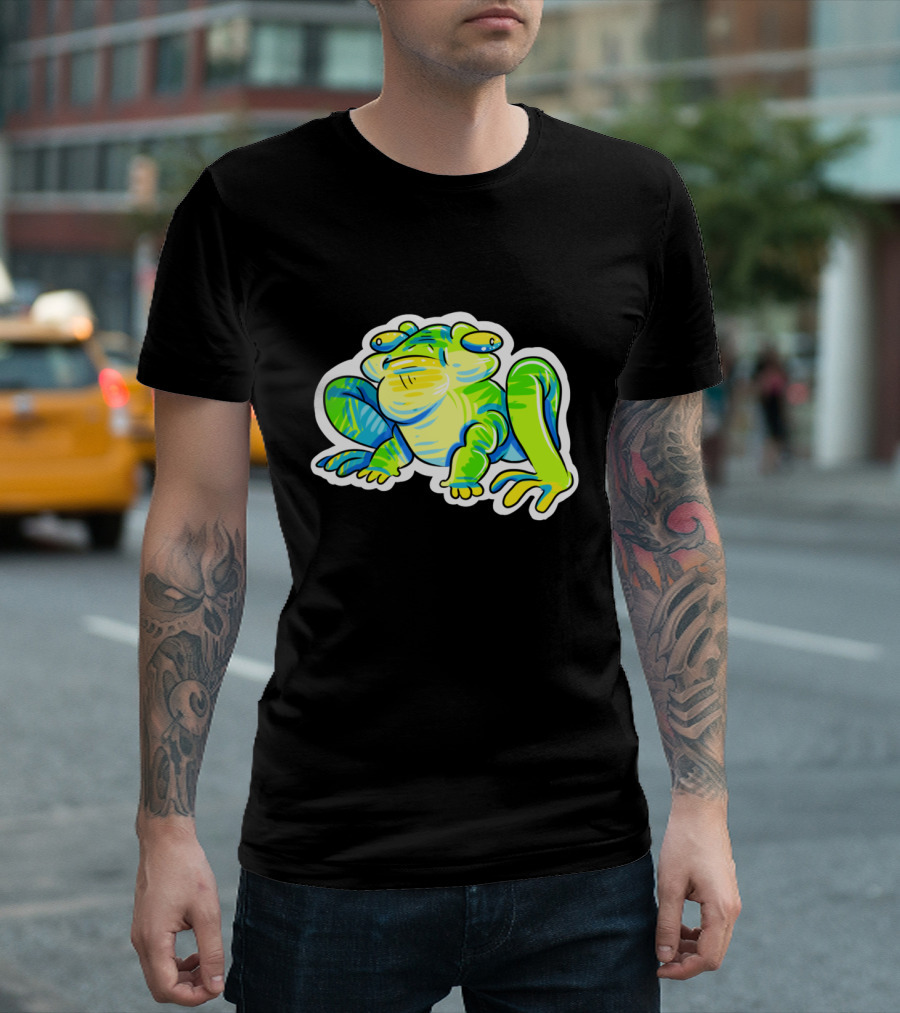 Green And Blue Cartoon Frog With Bewildered Expression T-Shirt