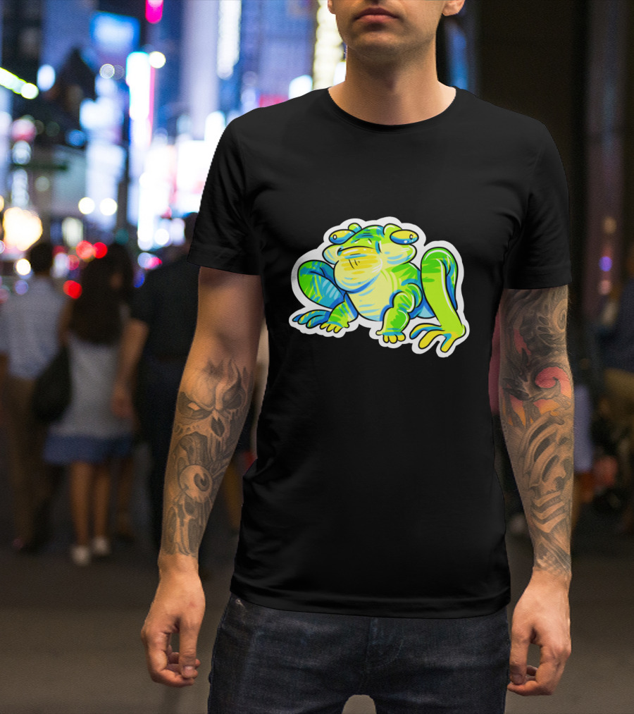 Green And Blue Cartoon Frog With Bewildered Expression T-Shirt
