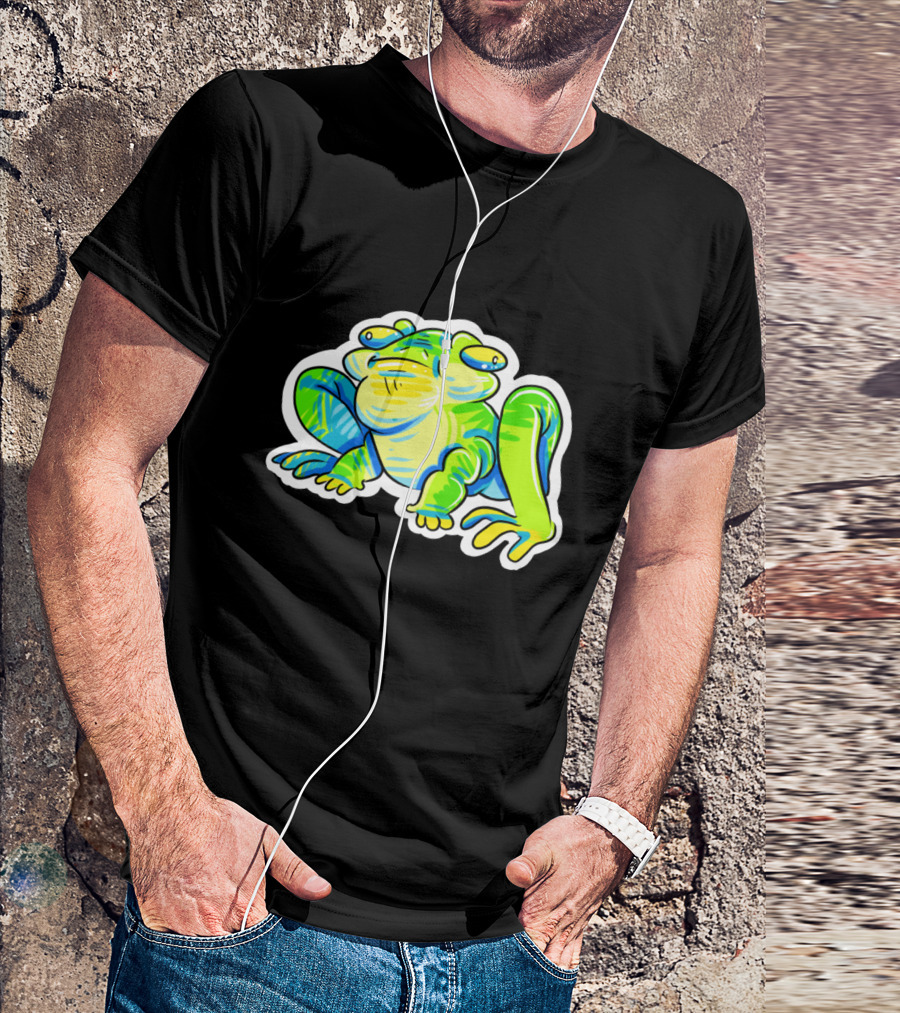 Green And Blue Cartoon Frog With Bewildered Expression T-Shirt