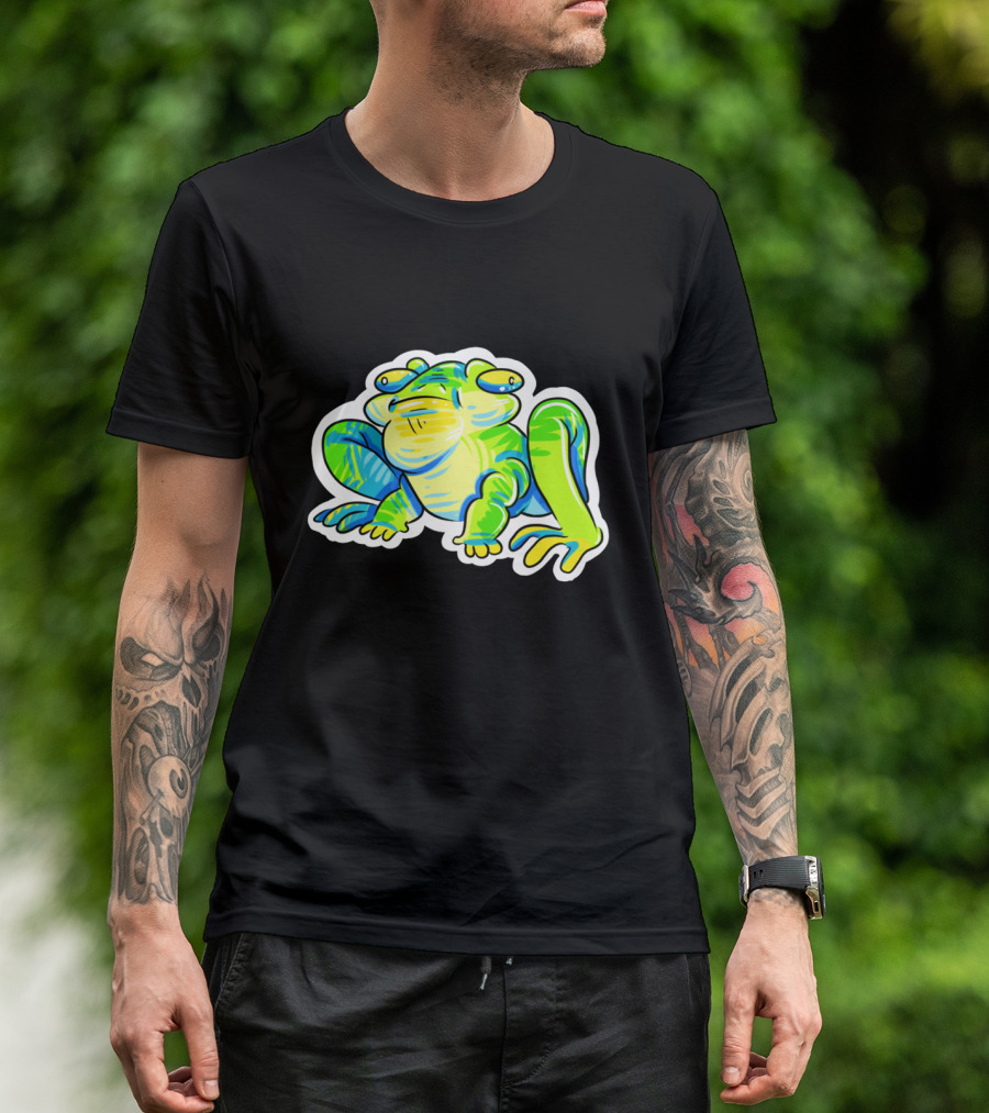 Green And Blue Cartoon Frog With Bewildered Expression T-Shirt