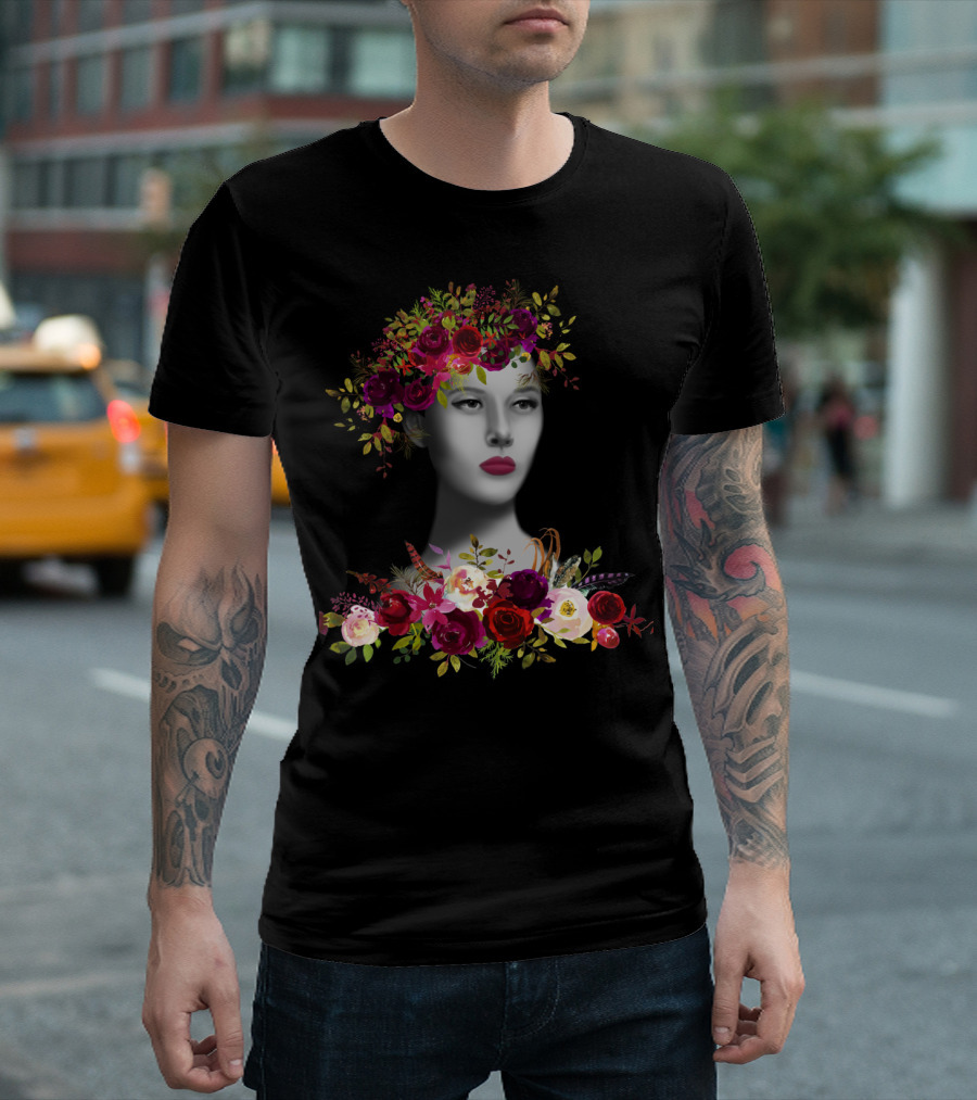 Monochrome Woman Encircled by Vibrant Floral Arrangement T-Shirt