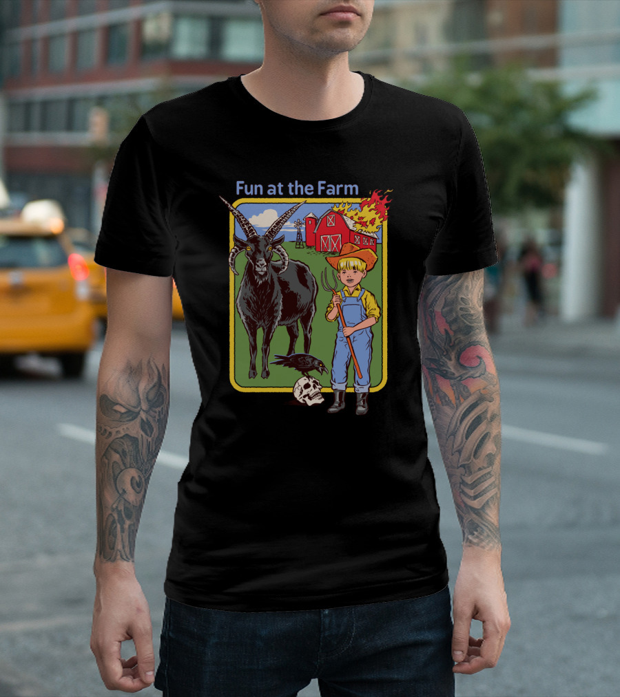 Fun at the Farm with Flaming Barn, Black Goat, Boy in Overalls, Crow, and Skull T-Shirt