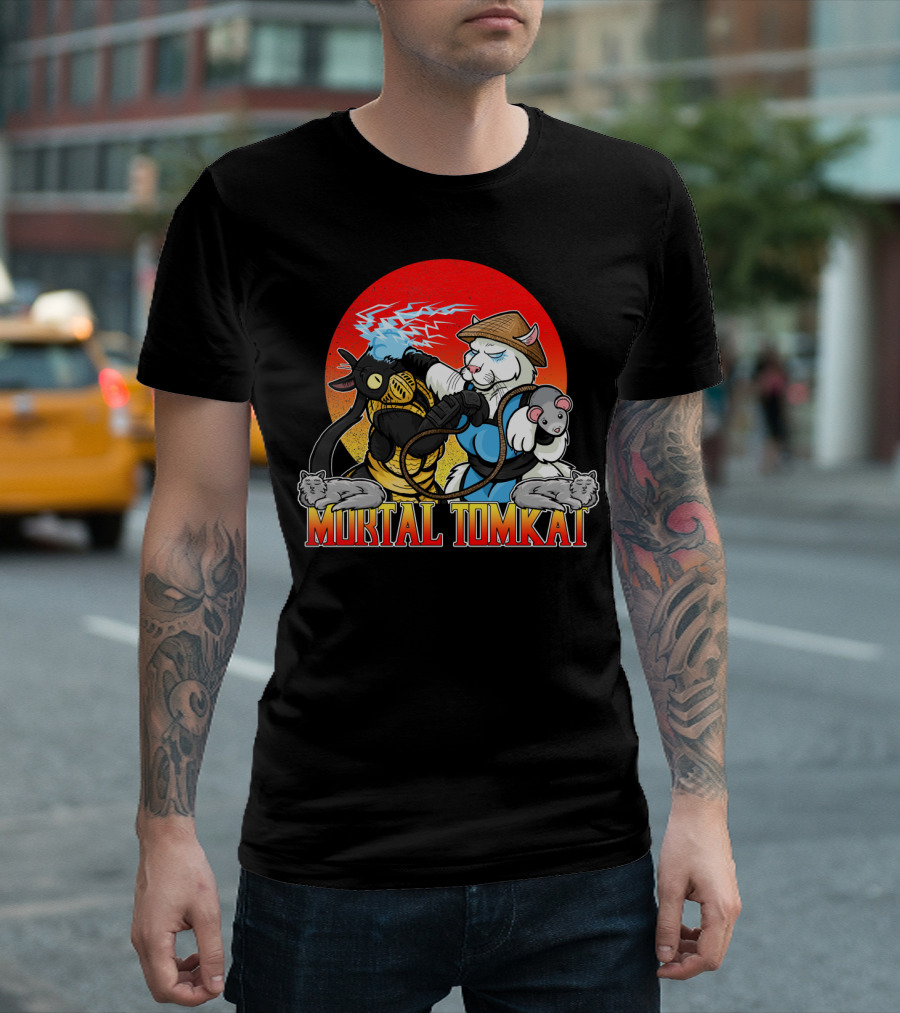 Mortal Tomkat Battle: Anthropomorphic Martial Arts Warrior Cats with Lightning Attack in Red Sun Backdrop T-Shirt