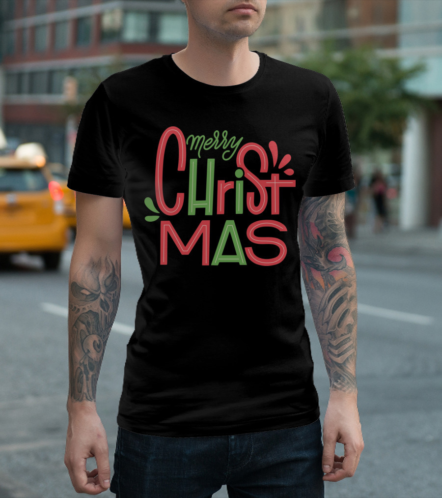 Merry Christmas Colorful Text Design With Festive Decorations T-Shirt