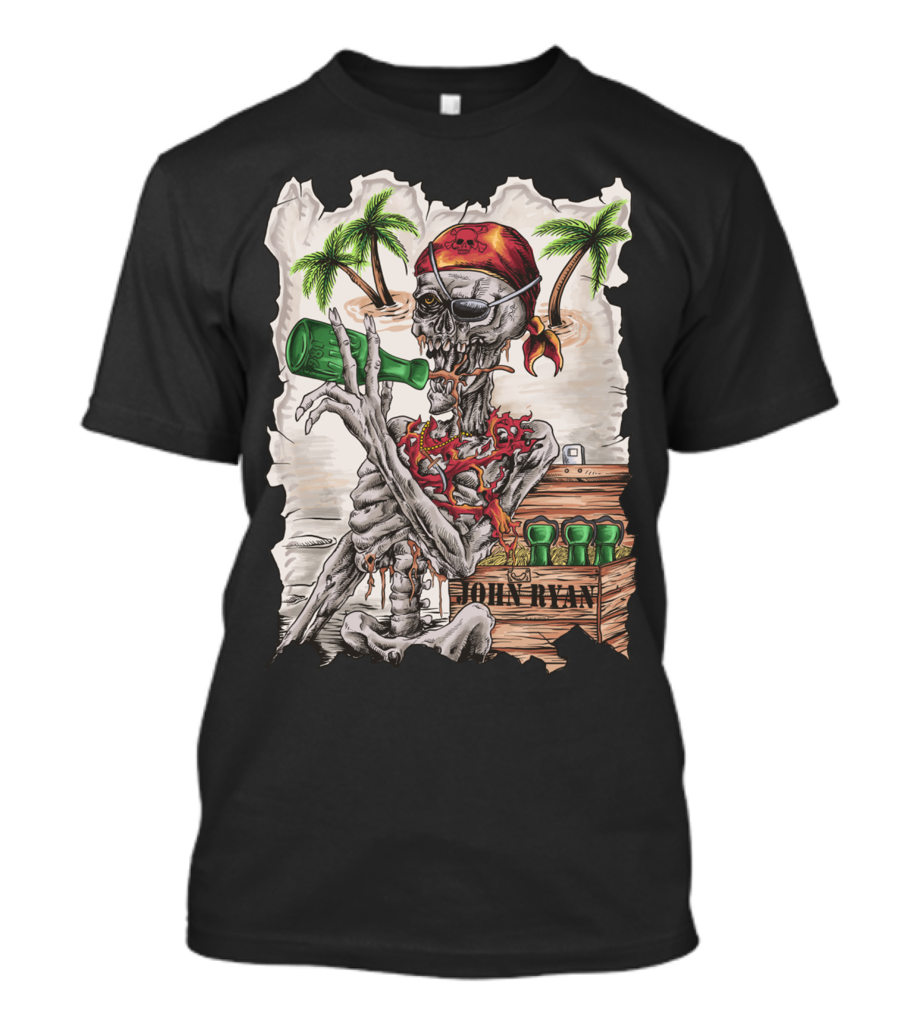 John Ryan Pirate Skeleton With Eyepatch And Bottle Drinking With Tropical Island Palms T-Shirt