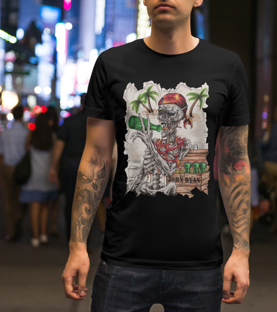 John Ryan Pirate Skeleton With Eyepatch And Bottle Drinking With Tropical Island Palms T-Shirt