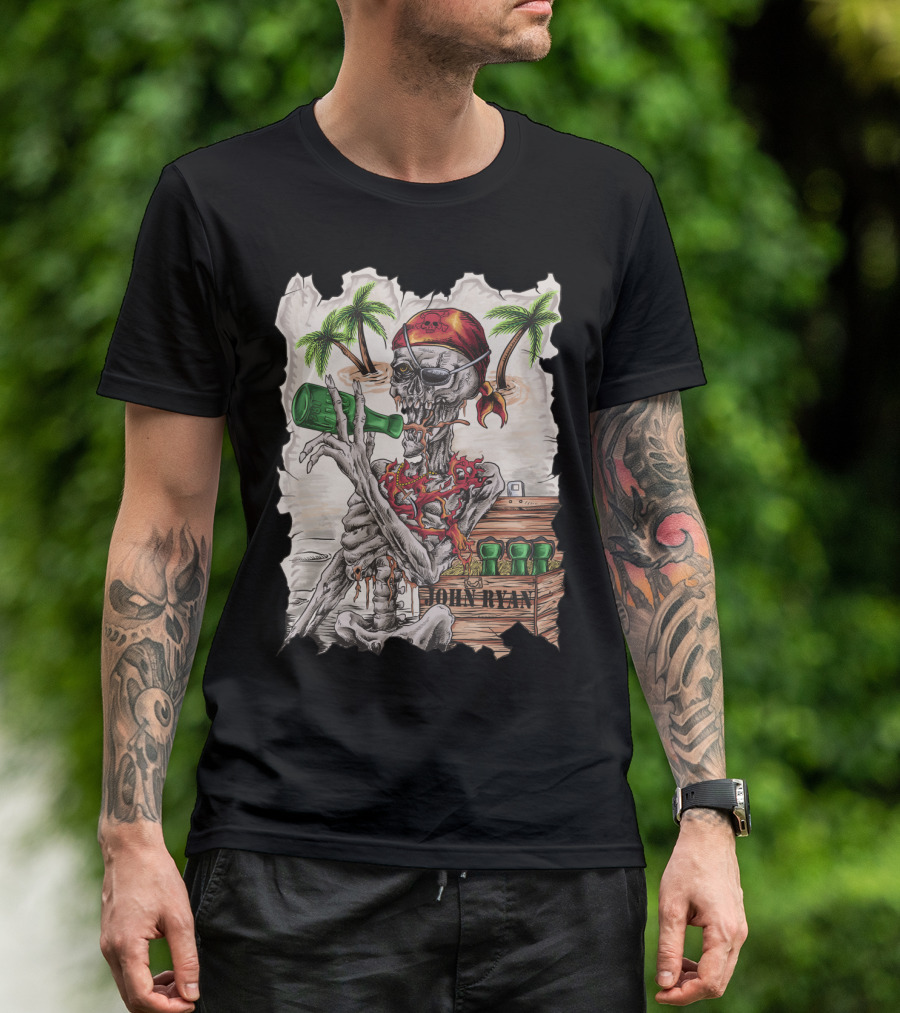 John Ryan Pirate Skeleton With Eyepatch And Bottle Drinking With Tropical Island Palms T-Shirt