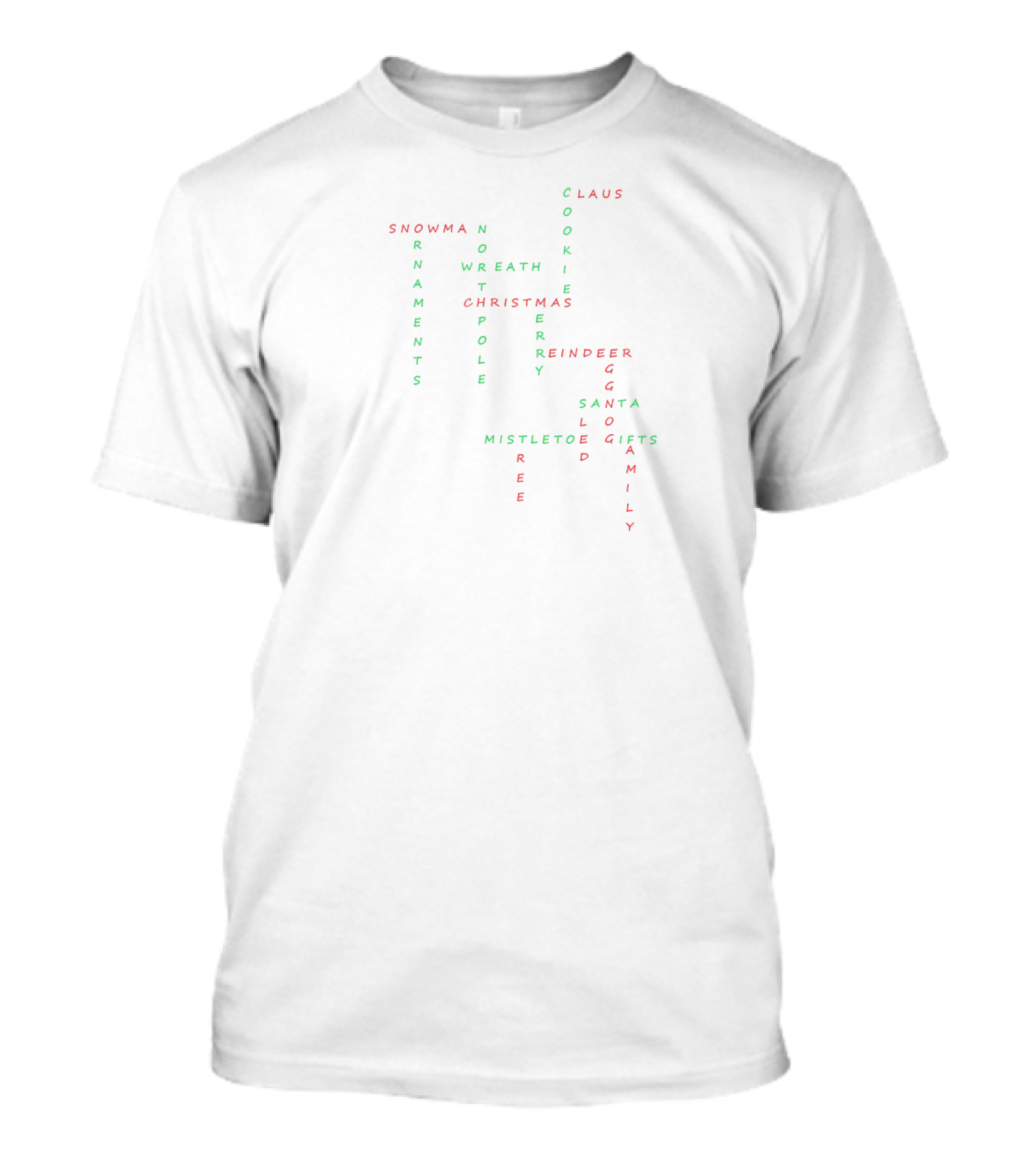 Colorful Christmas Words With Santa Claus, Reindeer, Snowman, Mistletoe, Cookies, Ornaments, Gifts, And Family T-Shirt