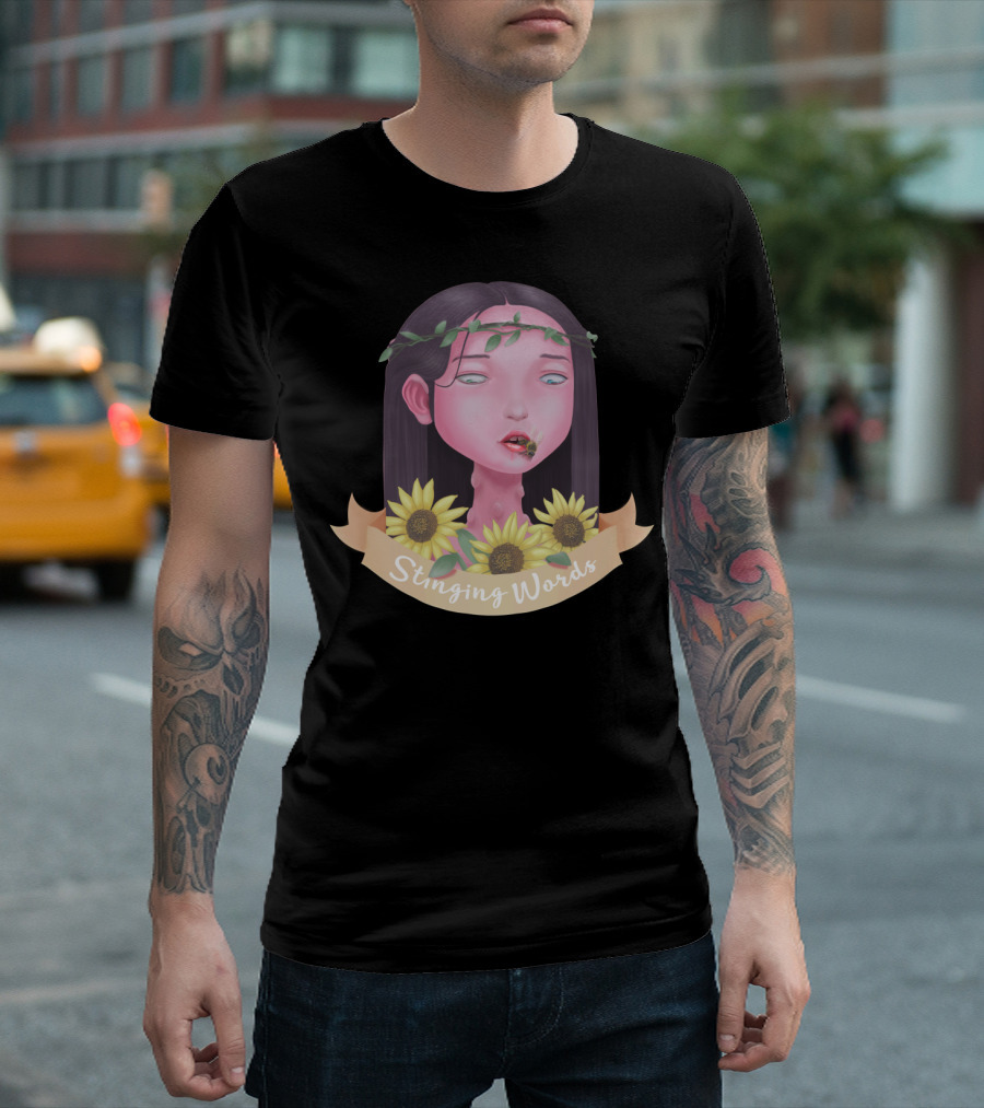 Stinging Words Girl with Bee and Sunflowers Banner T-Shirt