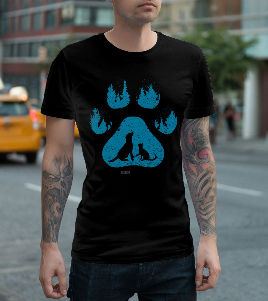 Austin Pets Alive Blue Paw With Forest Silhouette And Animal Duo T-Shirt
