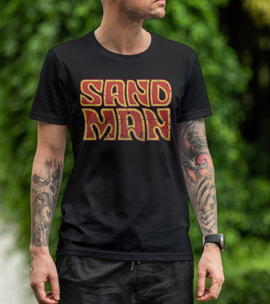 Sandman Vintage Textured Red Yellow Bold Lettering T-Shirt