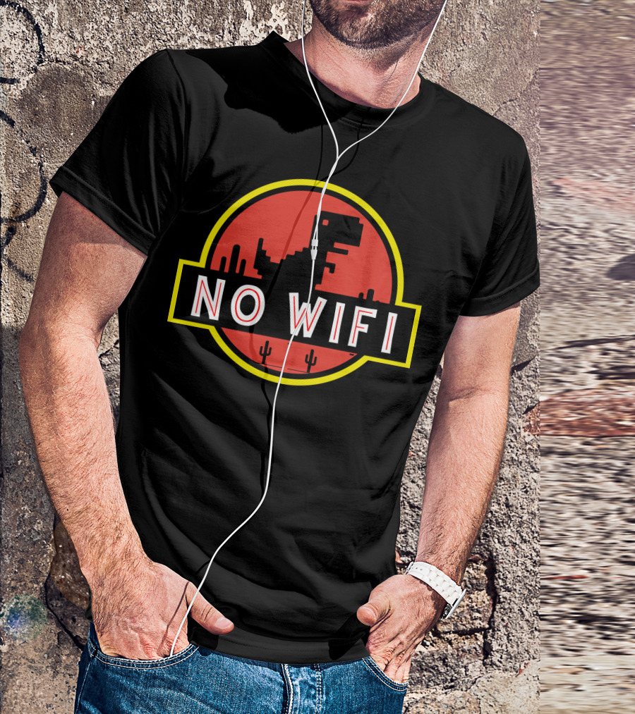 No Wifi Dinosaur With Cactus In Red Circle Retro T-Shirt