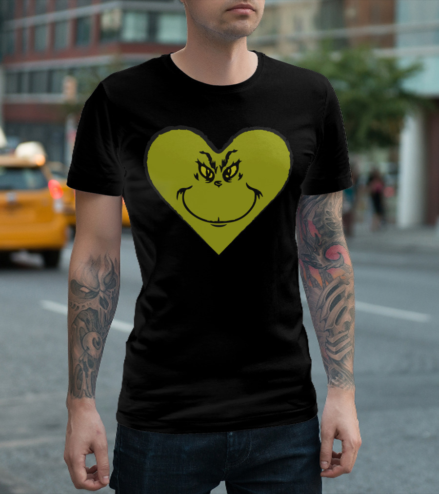 Grinch Heart Face Silhouette In Olive Green T-Shirt