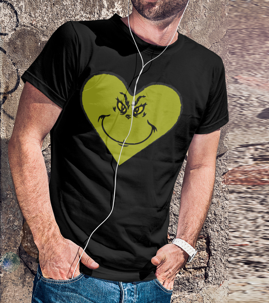 Grinch Heart Face Silhouette In Olive Green T-Shirt